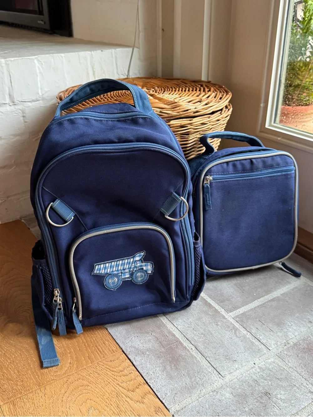 Pottery Barn Kids Navy Backpack and Lunch Bag with Truck Accent